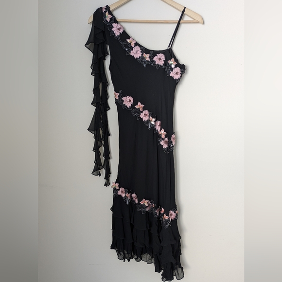 Vintage Cache Black Pink Silk Asymmetrical Floral Beaded Slip Dress - Picture 9 of 12